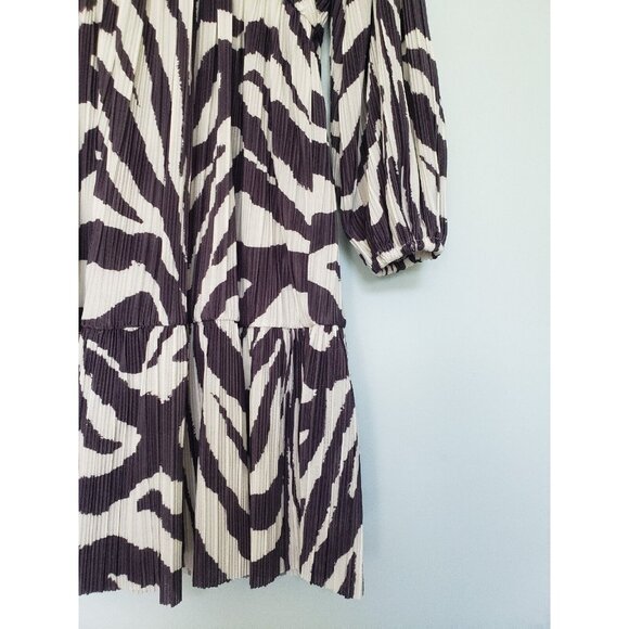 H&M Womens S Accordion Pleat Mini Dress Deep V Neck Abstract Stripe Brown Tiered - Picture 3 of 6